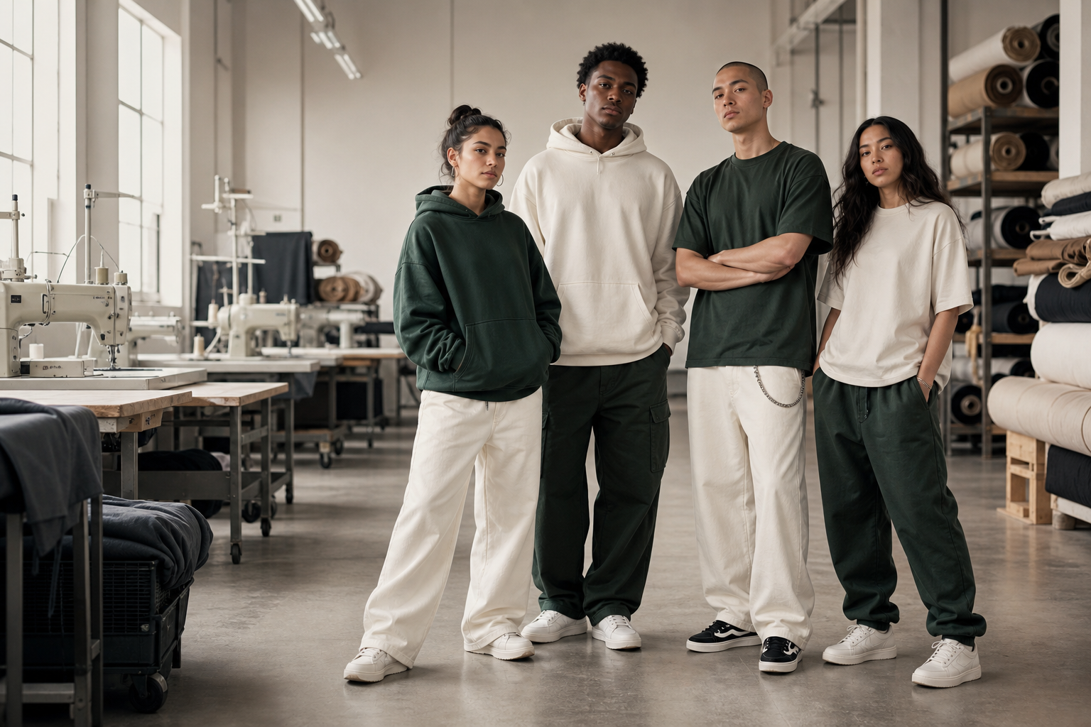 SHENGDE team wearing premium heavyweight blank streetwear in the Dongguan garment workshop